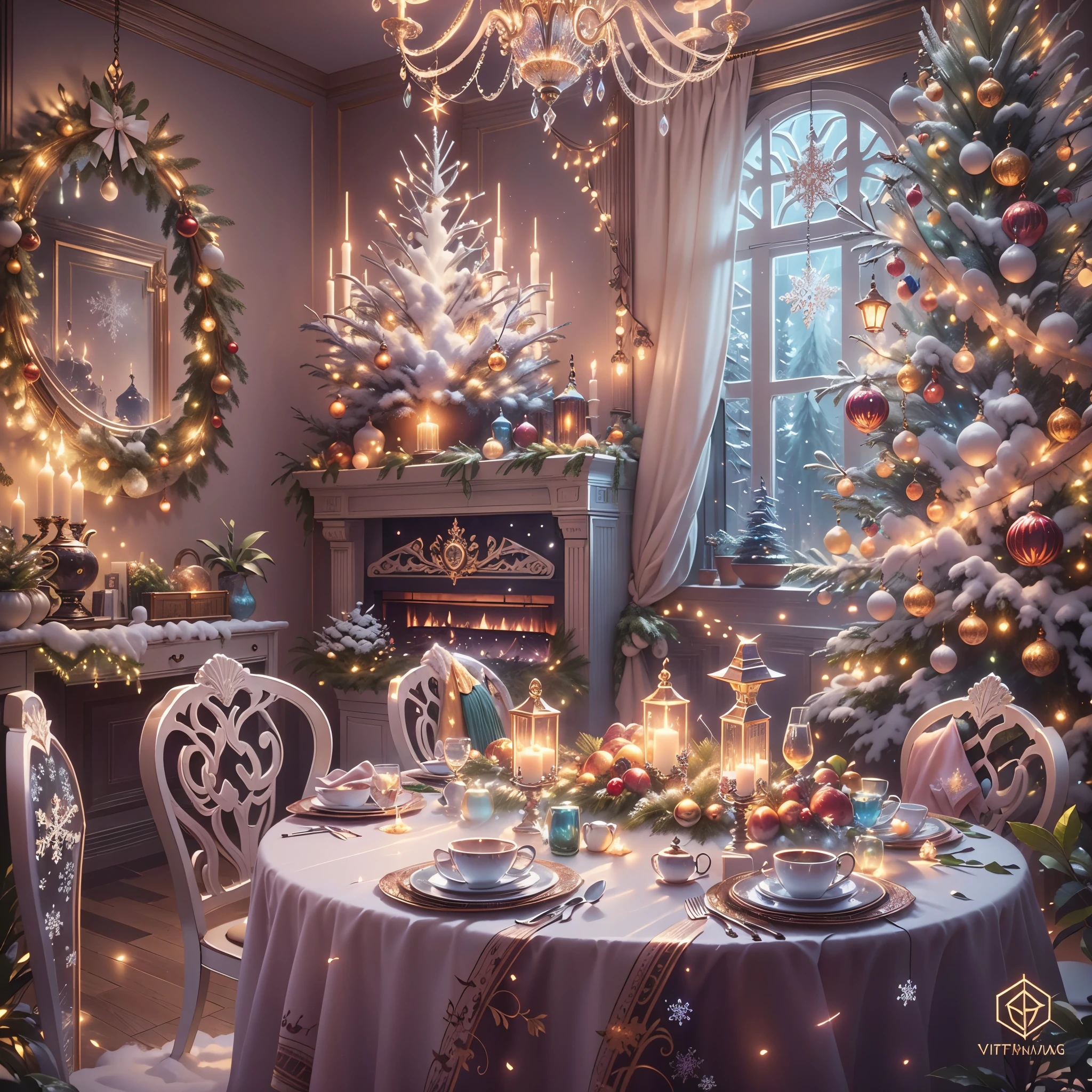 extreme detail description，professinal，vivd colour，bokeh，mirai，peculiar，festivity，celebrating，christmas，(冬季wonderland)，(Fairytale，magia，whimsically)，((NOhumans))，vivid decoration，energeticatmosphere，white christmas tree，Sparkling ornaments，wrapped gifts，((shiny metal wall，shiny reflective surfaces，endless hallucinations，suspended metal snowflakelashing lights，Snowflakes flying in the sky，mechanical fireplace)), flexible movement，Christmas lights greeting visitors，silver dining table，Elegant place setting，Fine dining，Artistic food display，unique metal chair，Soft cushions，comfortable seatinetal chandelier，warmly lit，festivity氛围，(Piano in the corner)，colourful light，(musical note)，Magical atmosphere，telling stories，wonderland，Interior design，fantasy，(机械Fairytale)，number art，（painting of a），Popular on ArtStation，Popular on Pinterest，Popular on DeviantArt