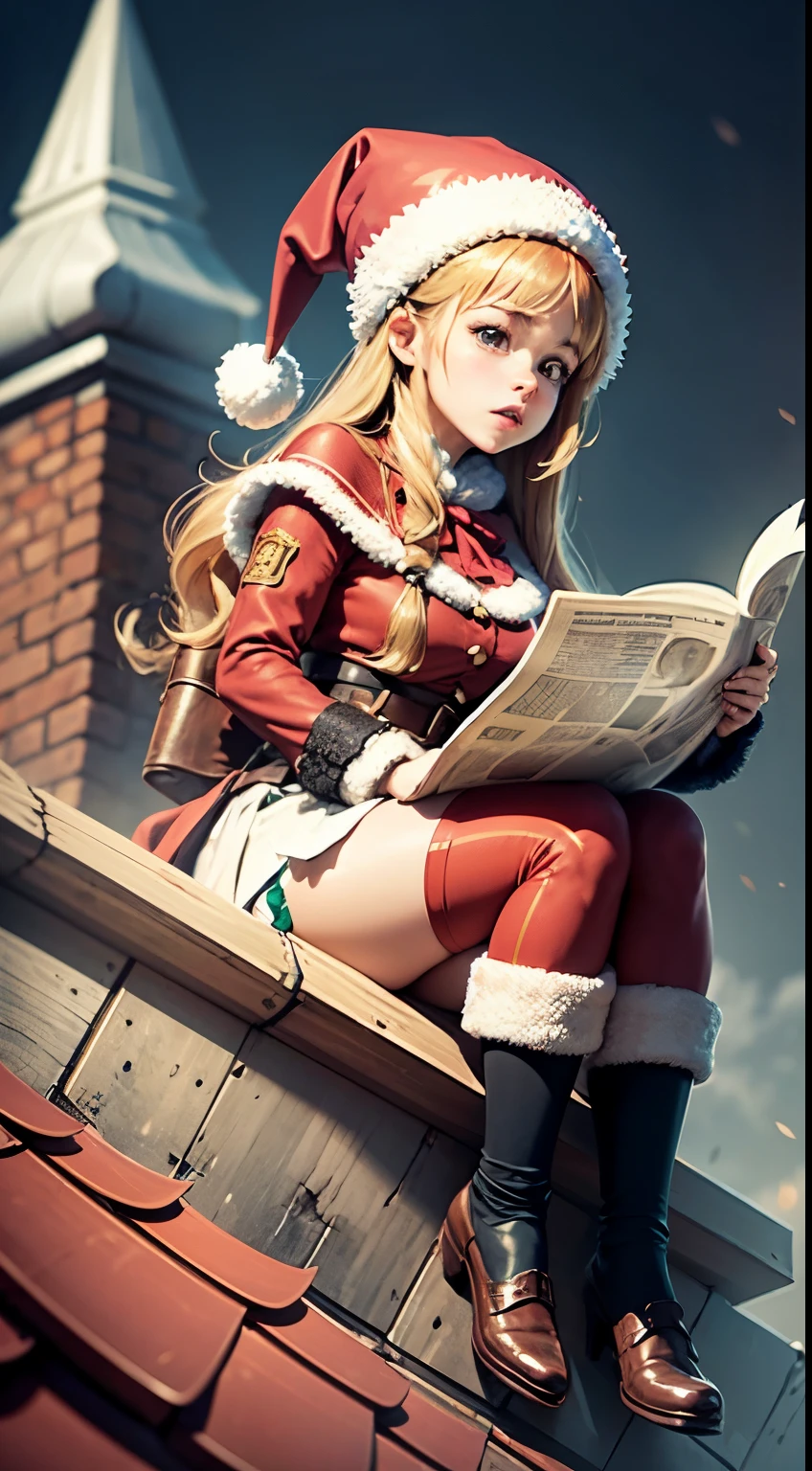 1girl, dressed like santa claus reading a newspaper while sitting on a chimney on a roof, dressed like santa claus wife , sitting on santa,, chimney, twas brillig, the wise girl is riding on top, inspired by Peter de Seve, pixer, wallpaper - 1 0 2 4, (masterpice)
