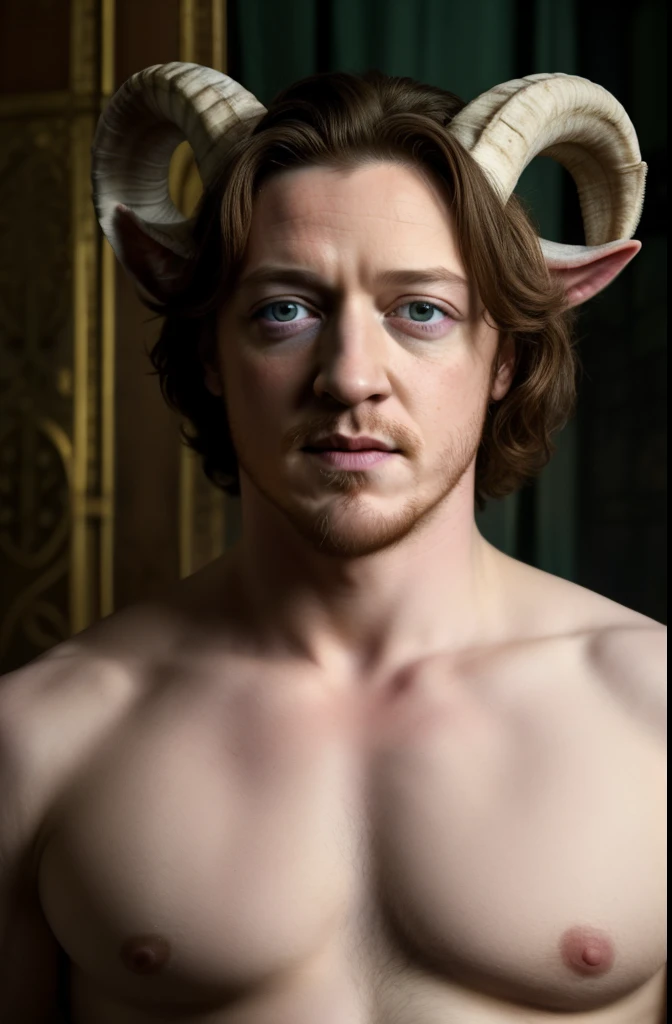 ((best quality)), ((masterpiece)), (detailed), perfect face, young pretty James McAvoy, scraggly long goatee, goat horns, furry goat legs