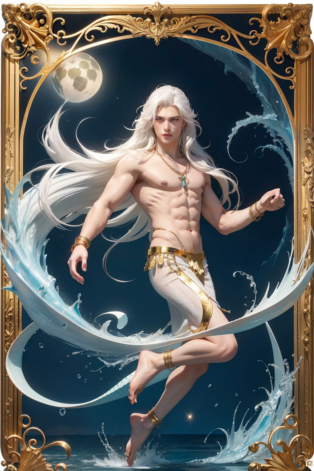 Handsome merman man, white hair, sea bottom, 18 years old, full body with gold necklace and gold bracelets, long hair
