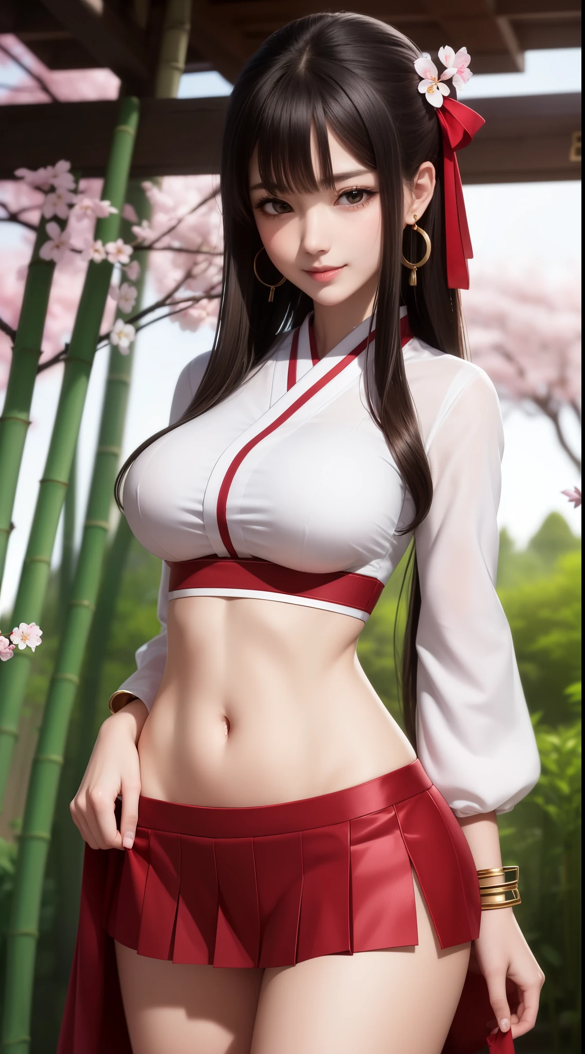 Japanese shrine maiden, standing elegantly, looking at viewer, (((Shinto temple, tori, cherry blossoms, bamboo forest))), perfect body, (((voluptuous))), underboob, bright skin, perfect hair, beautiful, attractive, sexy, (((miko outfit, crop top, pleated miniskirt, long flowing sleeves, Japanese traditional clothes))), very long hair, lucky charm, hair ribbon, hairclip, armlets, earrings, sagging waist, low seam, toned belly, stomach bulge, navel, ((groin)), masterpiece, high quality, best quality, 8K, high res, upper body, (cowboy shot, anime artwork, anime screencap), smile, big breasts,