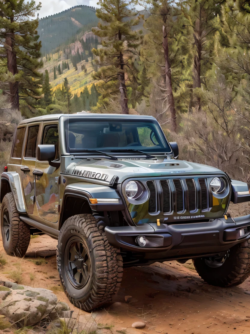 ((hightquality、hight resolution、​masterpiece、foco nítido、photographrealistic、Raw photography、lighting like a movie))、(((No humans)))、vehicle focus、Jeep speeding through the wilderness、camouflage paintings、Dark windows、View from diagonally forward、three-quarter front view、jeep camouflage 2023