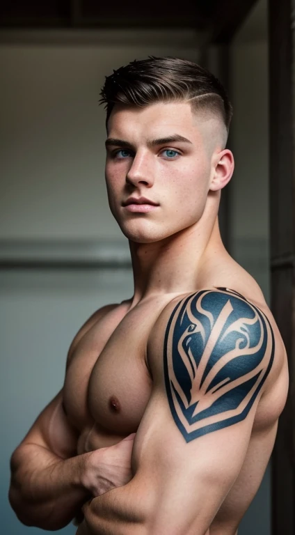 White young man rugby playerdefense, 18 years old, low taper fade haircut, black hair, intense blue eyes fixed, intense gaze, affiliated features, no facial hair, height 1.93, weight 90 kg, aesthetic muscular build, tigers tattoos in the arm ,broad shoulders, V-shaped body, full body focus, completely hairless,