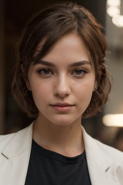 Breathtaking cinematic photo of a 30 year old girl with brown hair and brown eyes, happy, cheerful expression, closed mouth, beautiful lips, intricate details, shallow depth of field, highly detailed, high budget, epic Hollywood film, gorgeous, masterpiece, award-winning, professional, highly detailed, detailed skin texture, (blush: 0.5), (goosebumps: 0.5). (the most beautiful woman in the world) (brown hair) (short curly hair, wild hair, stylish cut) thin face, thin nose, beautiful, very beautiful, perfect face, slender body (slender), (brown hair) (brown eyes ) (white skin) Beautiful body, western face, predatory eyes, pink lips, thick thighs. full body, western beauty, thin nose, beautiful, perfect, ((best quality)), ((ultra resolution)), ((photorealistic: 1.4)), (intricate details), perfect face, makeup: 1.5 , clear face, facial details. front view ((uniform, tactical costume, agent costume, spy))