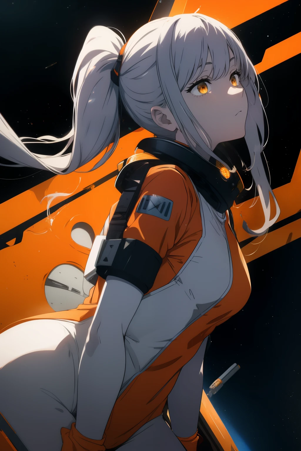 masterpiece, best quality, 1girl, (space), spacecraft, (orange spacesuit), full pose, side angle, science fiction, yellow eyes, twintails, silver hair, (space, dynamic), cute, ethereal, (slow motion)