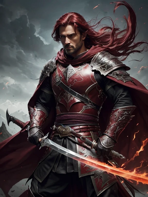 (homem de cabelo vermelho),(Dupla empunhadura:1.1),(sword in each hand),(uma espada negra),(an ethereal sword),(olhar intenso),(forte e confiante),(epic battle scene),(dramatic lighting),(poeira e detritos flutuando),(Golpes poderosos),(dinamic poses),(expression of martial prowess),(action-packed),(Confronto de alto risco),(Epic fantasy setting),(respingos de vermelho),(magical aura),(energia intensa),(armadura detalhada),(detalhes intrincados em espadas),(Inflexible determination),(smoke and sparks),(cinematic composition),(impressive physique),(manto carmesim fluindo),(atmosfera sinistra),(Extraordinary agility),(fundo misterioso),(mythical creatures),(majestic scenery),(paleta de cores com tema carmesim),(flashing blades),( apressar-se)