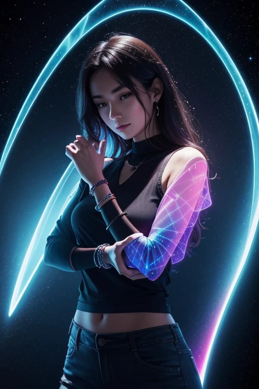 a woman's arm, a bracelet emits a hologram above her arm