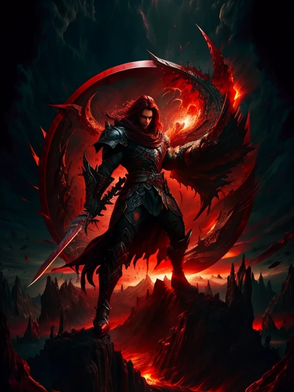 (crimson-haired man),(dual-wielding:1.1),(sword in each hand),(one black sword),(one ethereal sword),(intense gaze),(strong and confident),(epic battle scene),(dramatic lighting),(dust and debris floating),(powerful strikes),(dynamic poses),(martial prowess),(fierce expression),(action-packed),(high-stakes confrontation),(epic fantasy setting),(splashes of red),(magical aura),(intense energy),(detailed armor),(intricate details on swords),(unyielding determination),(smoke and sparks),(cinematic composition),(impressive physique),(crimson cloak flowing),(ominous atmosphere),(extraordinary agility),(mysterious background),(mythical creatures),(majestic scenery),(crimson-themed color palette),(flashing blades),(adrenaline rush)