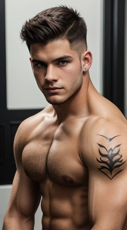 White young man rugby player , 18 years old, low taper fade haircut, black hair, red brilliant eyes fixed, intense gaze, affiliated features, no facial hair, height 1.93, weight 90 kg, aesthetic muscular build, tigers tattoos in the arm ,broad shoulders, V-shaped body, full body focus, completely hairless,