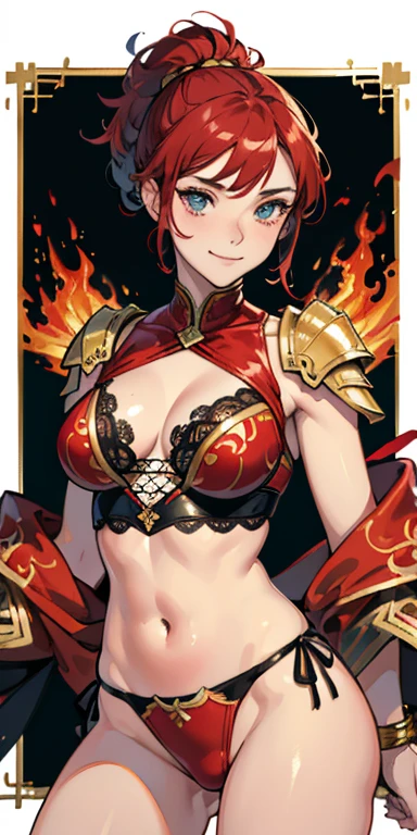 (masterpiece), best quality, expressive eyes, perfect face, gold and crimson armor, closed smile, athletic body, lace bikini, thong, exposed midriff, cleavage, fishnets, watercolor, fire background