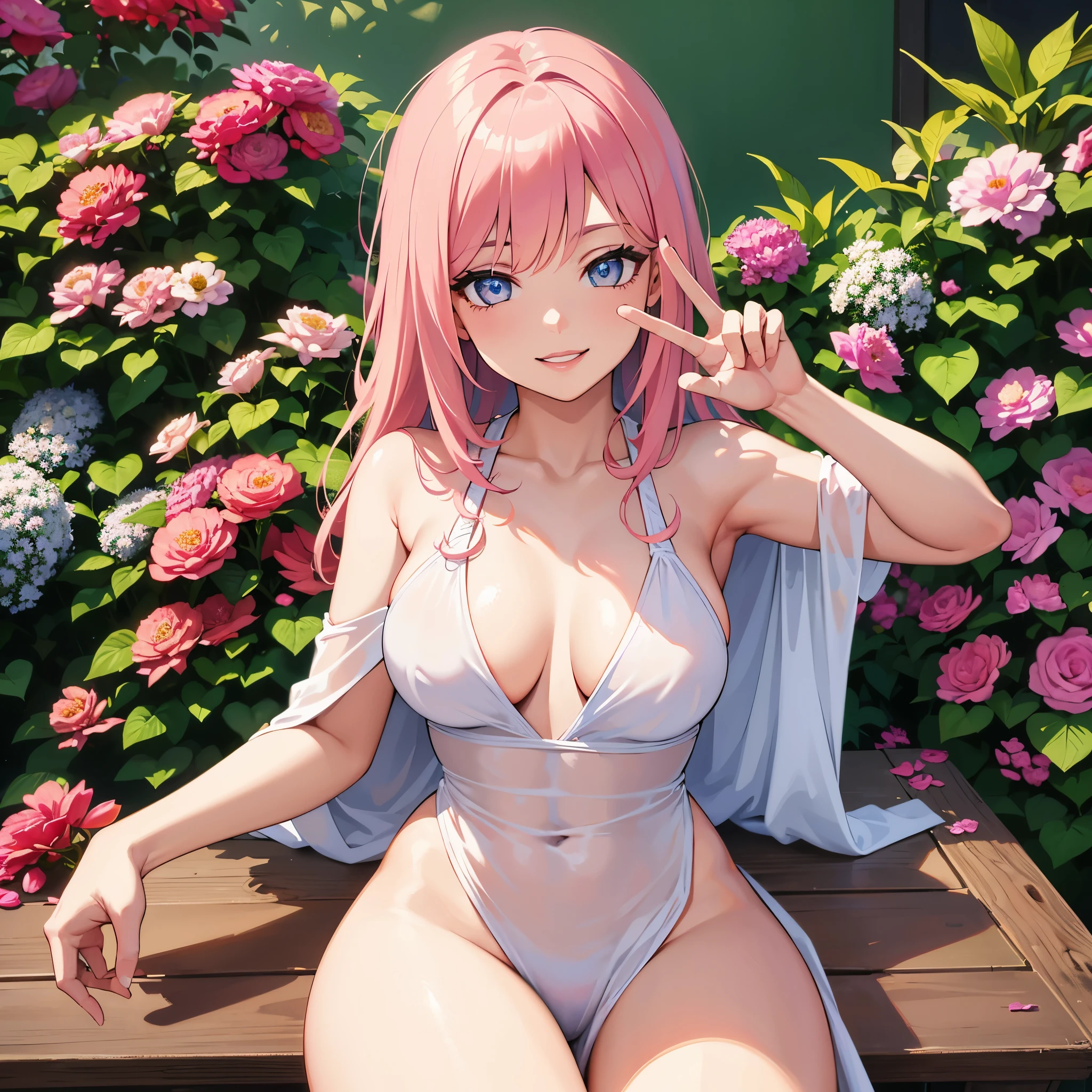 (best quality,4k,8k,highres,masterpiece:1.2),ultra-detailed,realistic,photorealistic:1.37,pink hair,girl,semi-nude,brightly colored,beautiful detailed eyes,beautiful detailed lips,winking,smiling,facial expression,raising two fingers to make a peace sign,posing,natural lighting,beautiful garden background,vibrant colors.