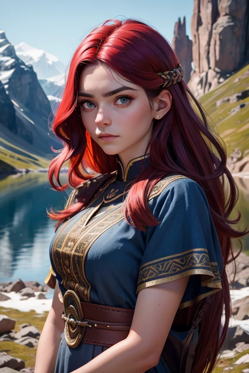 [Retrato de cuerpo entero] [cabello largo y rizado rojo, ojos azules, cara hermosa] [Nordic fashion model aged 18-23] [vestido como un estilo vikingo de guerreros] [Bored expression on face] [Photo taken in a mountainous and spring landscape] [type of illumination: natural  lighting], extremadamente realista, 8k, detalles locos, detalles intrincados, bellamente graduado de color, Color Grading, Cinematographer editorial, Cinematographer, bokeh, tomada con una lente de 60 mm, ISO 300, f / 4, 1/200th