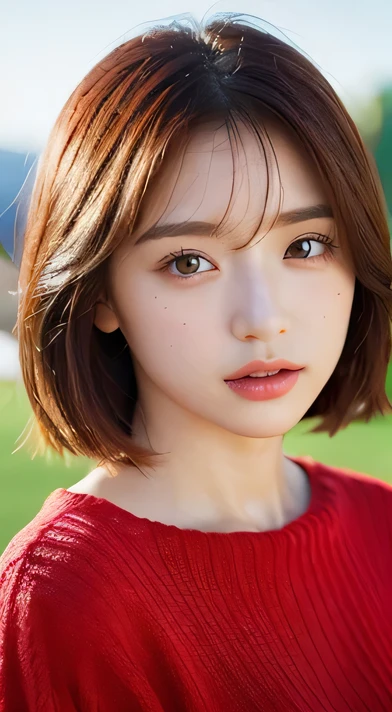randome pose、top-quality、超A high resolution、(Photorealsitic:1.5)、1人、Red Sweater、(Brown hair:1.2)、(huge-breasted:1.2)、Ancient Minjia、looking at viewert、a closeup、full body Esbian、Nasty eyes