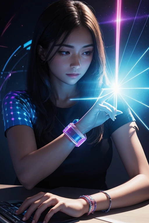 a woman's arm, a bracelet emits a hologram above her arm, she is typing something in the hologram