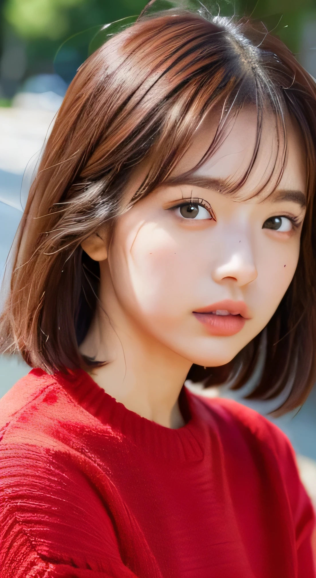 randome pose、top-quality、超A high resolution、(Photorealsitic:1.5)、女の子1人、Red Sweater、(Brown hair:1.2)、(huge-breasted:1.2)、Ancient Minjia、looking at viewert、a closeup、full body Esbian、Nasty eyes