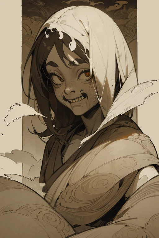 ((Chojugiga)), (Old paper style illustration), (Sumi-e), (hunting paintings), Mural style, Monochrome art, Little monster, old performance, variational pointillism, flat illustration, eerie, horror elements, eerie worldview, (primitive art), Outline warm color, old picture scroll style, old staging, Ancient mural style