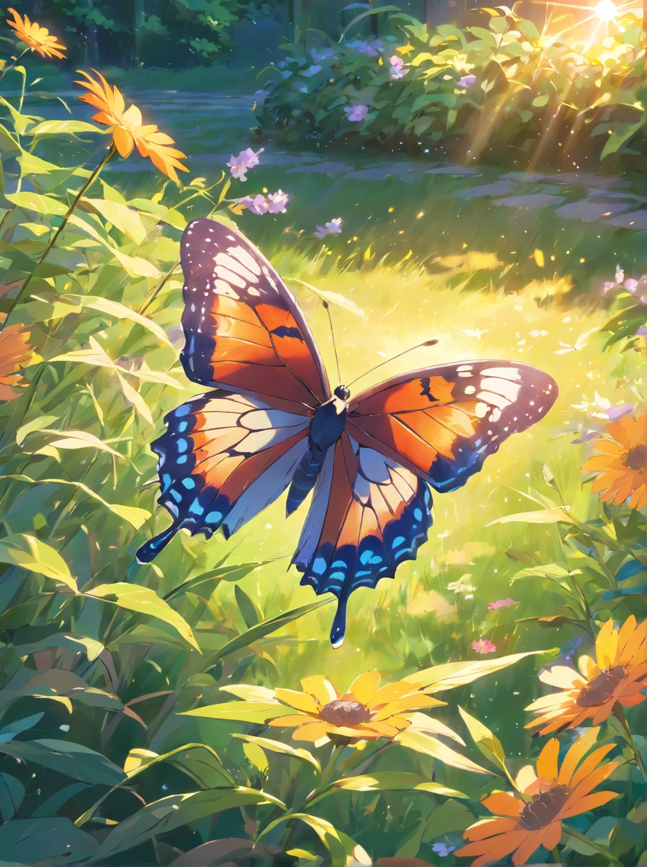 Rare butterfly, butterfly in a sunny garden, surrounded by colorful flowers. Warm sunlight, warm lights illuminate the scene, highlighting the delicate and beautiful wings of the butterfly. The garden is lush and full of life, filled with tall Grass and flowering plants of various colors. The wings of a butterfly in flight are detailed and beautiful, with intricate patterns that reflect sunlight. The overall image quality is of the highest standard, with ultra-detailed and realistic textures. The colors are bright and harmonious, with soft tones combined with vibrant tones. The lighting creates a warm and inviting atmosphere, casting soft shadows on the ground and adding depth to the scene.