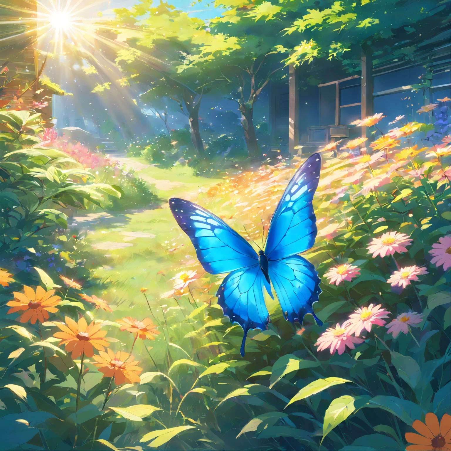 Rare blue butterfly, butterfly in a sunny garden, surrounded by colorful flowers. Warm sunlight, warm lights illuminate the scene, highlighting the delicate and beautiful wings of the butterfly. The garden is lush and full of life, covered with tall Tall grass and flowering plants of various colors. The wings of the butterfly in flight are detailed and beautiful, with intricate patterns that reflect sunlight. The overall image quality is of the highest standard, with ultra-detailed and realistic textures. The colors are bright and harmonious, soft tones combined with vibrant tones. The lighting creates a warm and inviting atmosphere, casting soft shadows on the ground and adding depth to the scene.