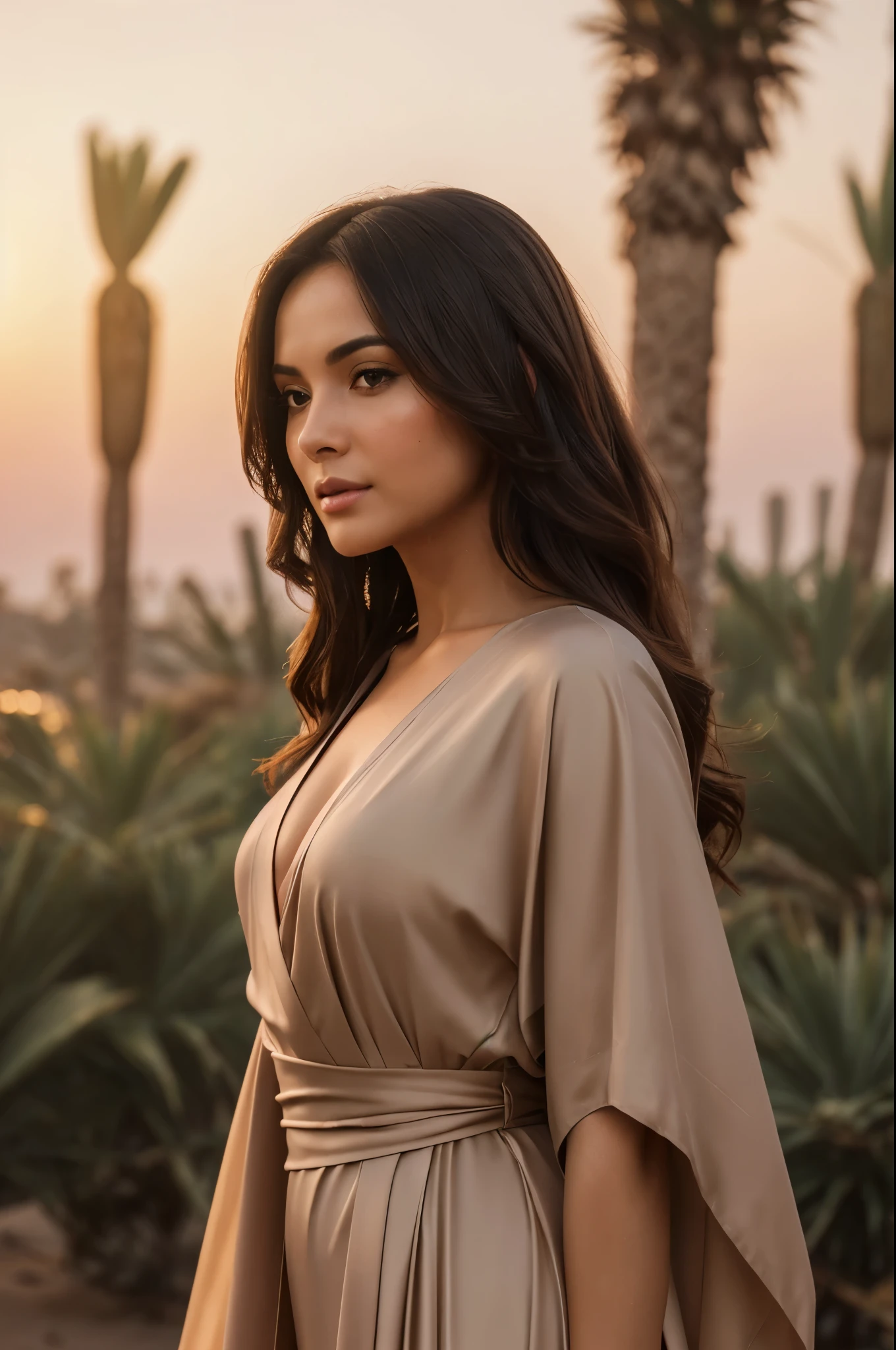 A beautiful brunette woman wearing long, flowing cloth robes that barely cover her body, standing on the banks on the Nile River, not exposed, palm trees, desert oasis scene, 8 k lighting, night sky, red sunset 4k extremely photorealistic, uhd 4k highly detailed, ((realistthereal lighting, ultra-high res.photorealistic:.1.4, (high detailed skin:1.2), 8k uhd, dslr, high quality, film grain, Fujifilm XT3,(masterpiece) (best quality) (detailed) (cinematic lighting) (sharp focus) (intricate)