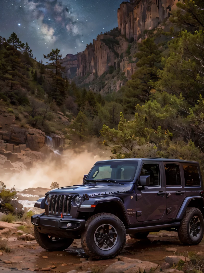 ((hightquality、hight resolution、​masterpiece、foco nítido、photographrealistic、Raw photography、lighting like a movie))、(((No humans)))、vehicle focus、Jeep speeding through the wilderness、Dark windows、View from diagonally forward、three-quarter front view、 jpwrng