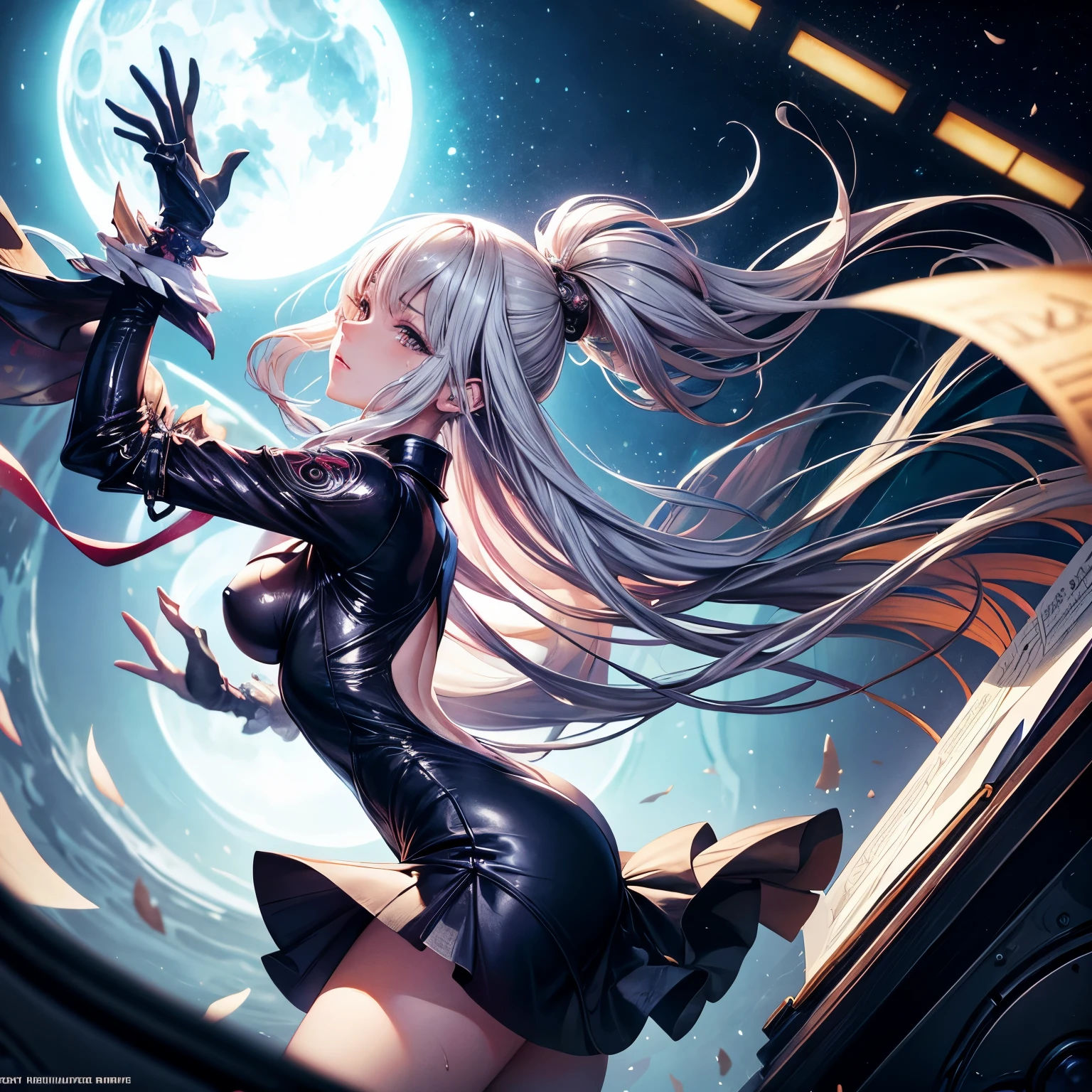 James Jean, Akira Amano, Surreal, mysterious, strange, fantastical, fantasy, Sci-fi, detailed anime, mechanical theater, beautiful girl in a miniskirt dress playing the grand piano, perfect body, dancing notes, dynamism, falling moonlight, detailed masterpiece hyper realistic sharp focus cinematic lighting depth of field, wet wet skin smooth glistening. Tits sexy ass erotic provocative body, coquettish embarrassed blushing mischievous