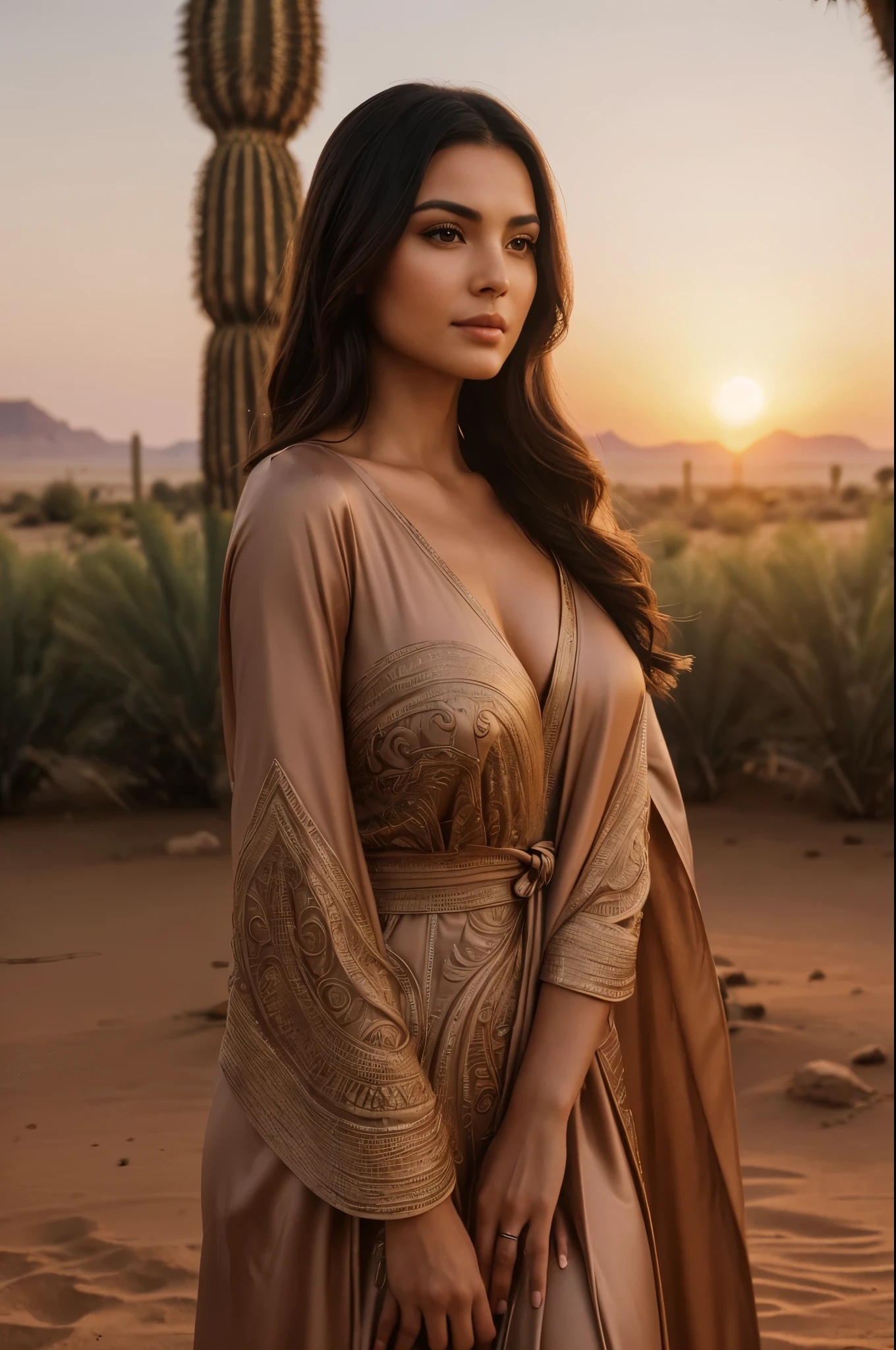 A beautiful brunette woman wearing long, flowing cloth robes that barely cover her body, standing on the banks on the Nile River, not exposed, palm trees, desert oasis scene, 8 k lighting, night sky, red sunset 4k extremely photorealistic, uhd 4k highly detailed, ((realistthereal lighting, ultra-high res.photorealistic:.1.4, (high detailed skin:1.2), 8k uhd, dslr, high quality, film grain, Fujifilm XT3,(masterpiece) (best quality) (detailed) (cinematic lighting) (sharp focus) (intricate)