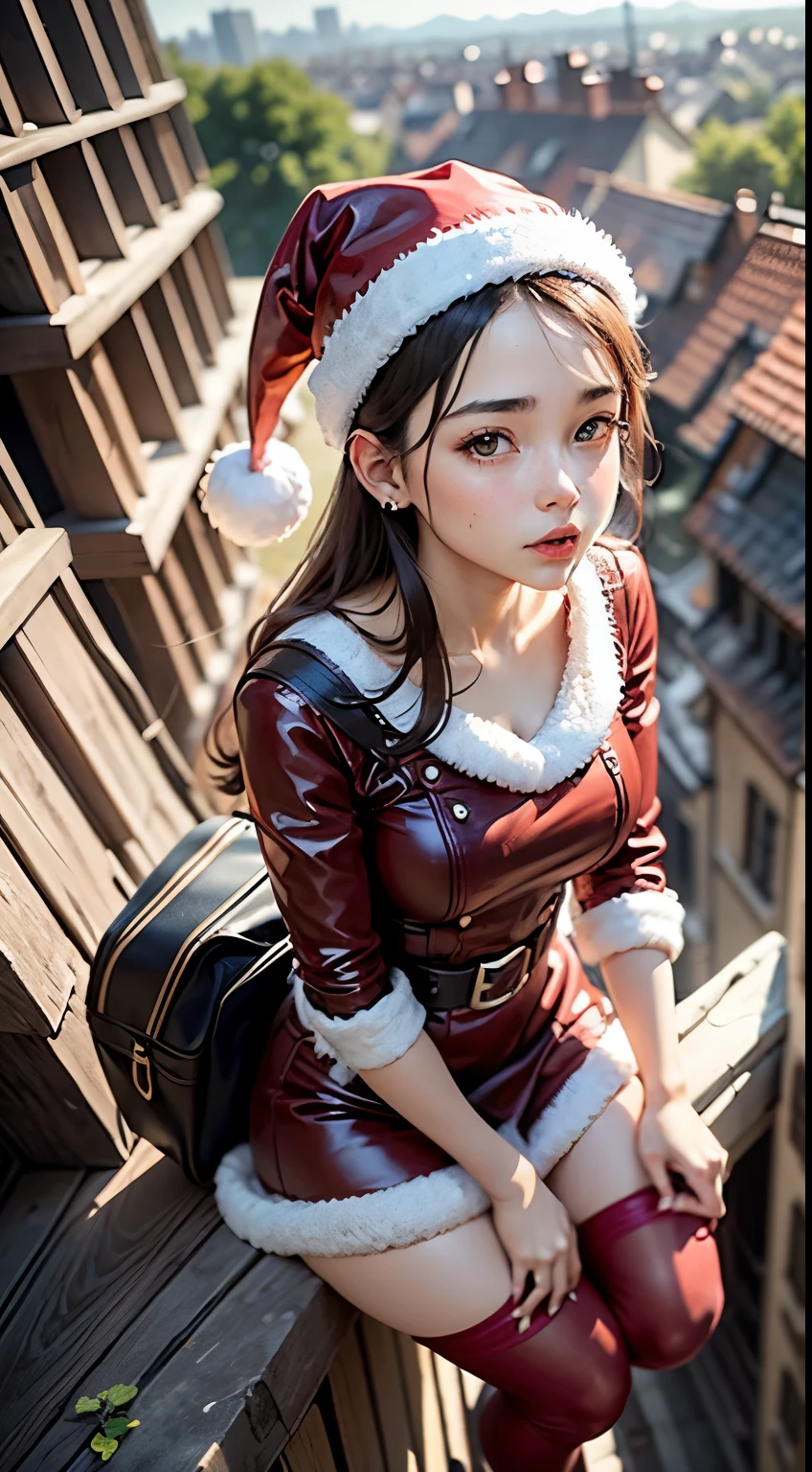 (view from the sky), captured from aboce, 1girl, 18yrs old, dressed like santa claus while sitting on a chimney on a roof, dressed like santa claus wife , sitting on santa,, chimney, twas brillig, the wise girl is riding on top, inspired by Peter de Seve, pixer, wallpaper - 1 0 2 4, (masterpice)