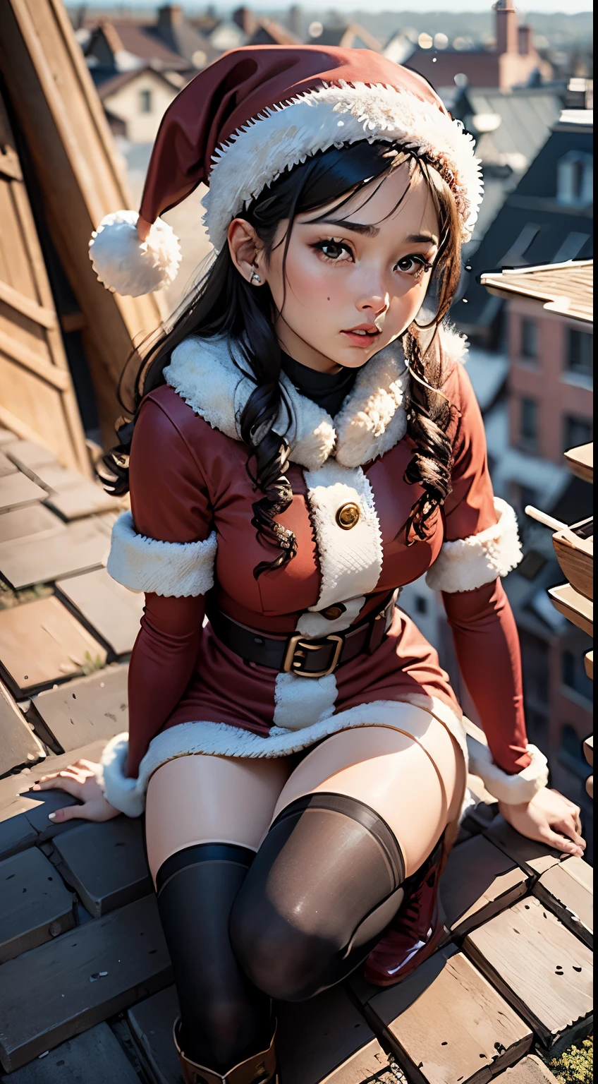 (view from the sky), captured from aboce, 1girl, 18yrs old, dressed like santa claus while sitting on a chimney on a roof, dressed like santa claus wife , sitting on santa,, chimney, twas brillig, the wise girl is riding on top, inspired by Peter de Seve, pixer, wallpaper - 1 0 2 4, (masterpice)