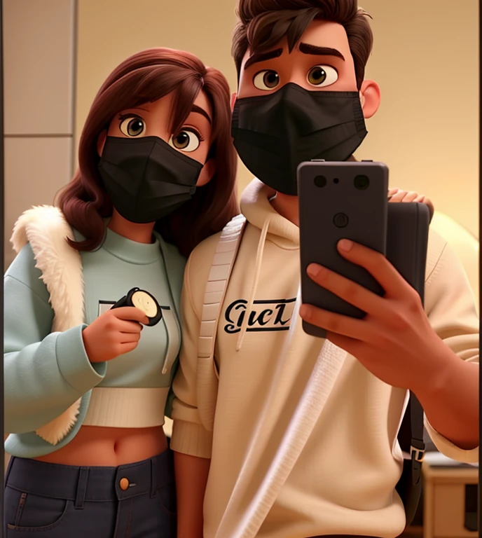Pixar style couple wearing black surgical mask, alta qualidade,,, melhor qualidade