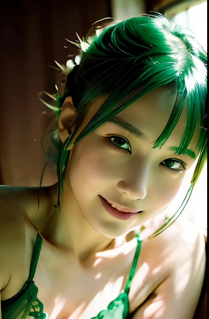 "Best Quality, 4K, 8K, hight resolution, ​masterpiece, Ultra-detailed, Realistic, Photorealistic, Cinematic lighting, Beautiful detailed glow, Detailed face, Light leak, amazing, Intricate details, Dynamic Angle, Green hair, A cute Japanese woman, "An intimate and sensual image of a woman in delicate green lingerie, in a private setting like a bedroom with green decor. The scene captures a moment of tranquility and allure, emphasizing her grace and the intimate connection with the theme of green.""A woman with a slightly open mouth and a seductive gaze, her eyes holding a hint of mischief, in a dimly lit, elegant indoor environment."