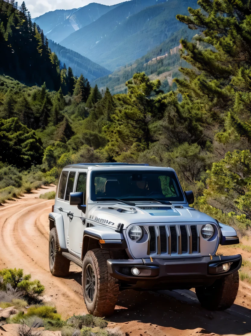 ((hightquality、hight resolution、masterpiece、foco nítido、photographrealistic、Raw photography、lighting like a movie))、(((No humans)))、vehicle focus、Jeep speeding through the wilderness、Dark windows、View from diagonally forward、three-quarter front view、 jpwrng