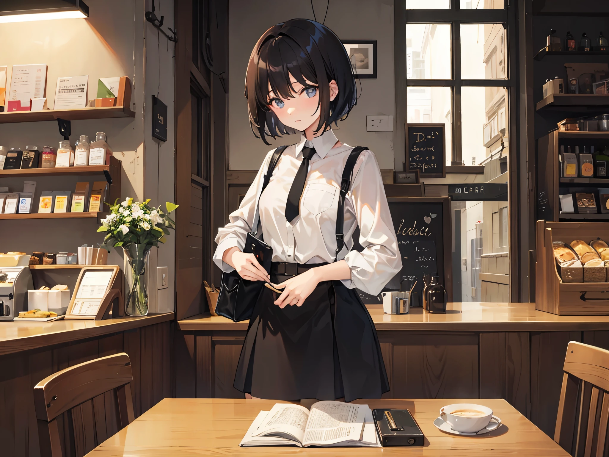 pupils　girl with　short-hair　A dark-haired　cafes