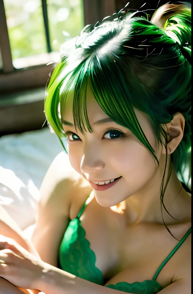 "Best Quality, 4K, 8K, hight resolution, masterpiece, Ultra-detailed, Realistic, Photorealistic, Cinematic lighting, Beautiful detailed glow, Detailed face, Light leak, amazing, Intricate details, Dynamic Angle, Green hair, A cute Japanese woman, "An intimate and sensual image of a woman in delicate green lingerie, in a private setting like a bedroom with green decor. The scene captures a moment of tranquility and allure, emphasizing her grace and the intimate connection with the theme of green.""A woman with a slightly open mouth and a seductive gaze, her eyes holding a hint of mischief, in a dimly lit, elegant indoor environment."