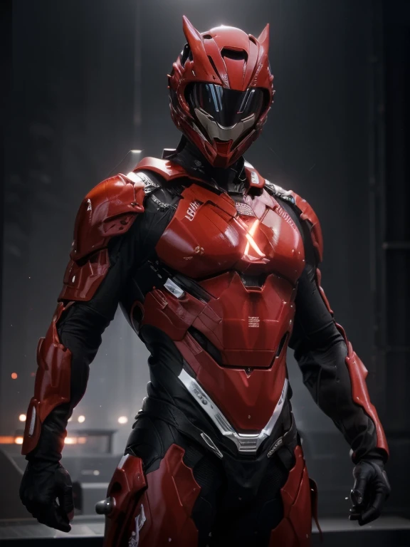 4k at the highest resolution (lots of lighting) Man is standing, completely facing the camera, with an impeccable helmet. He is wearing a metal suit reflecting the sparkles of futuristic salt light, made of titanium and red plastic. O traje vermelho e branco, It has small gold details and is made with fine fabrics, adding a touch of sophistication (lots of lighting). No fundo da cena, um efeito de desfoque sutil foi aplicado, creating a diffuse background that further highlights the presence of the man and his futuristic red suit. no fundo cores desditas (muito desfoque no fundo) adds a sense of depth blur to the image,