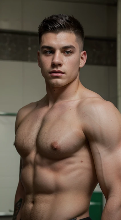 White young man rugby player , 18 years old, low taper fade haircut, black hair, green eyes fixed, intense gaze, affiliated features, no facial hair, height 1.93, weight 90 kg, aesthetic muscular build, tattoos in the arm ,broad shoulders, V-shaped body, full body focus, completely hairless,