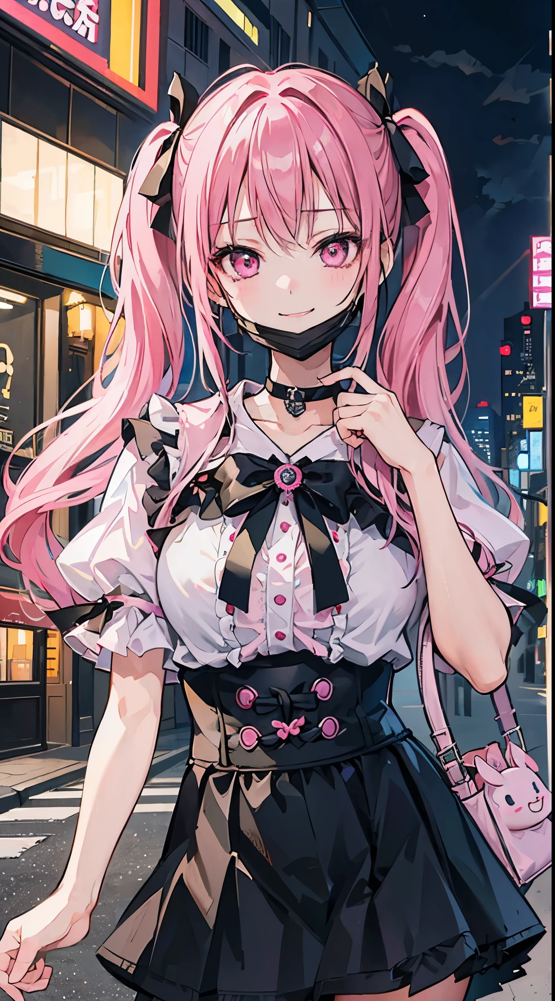 (8K、Top image quality、top-quality、​masterpiece)、A detailed face、1 girl in、A pink-haired、((twintails))、Pink eyes、耳环、evil smile、smirk grin、mask_pull、Moderately breasts、((pink clothing))、frilld、a black ribbon、Black miniskirt、frilld、jirai kei attire、cowboy  shot、Downtown background at night