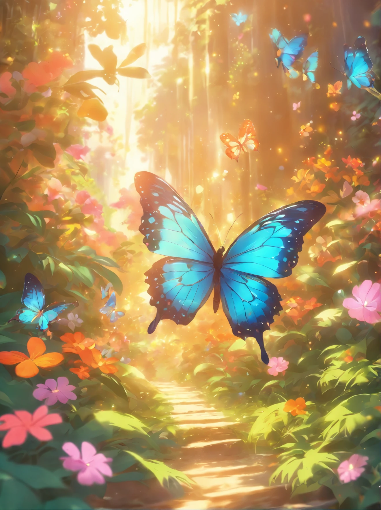 Exquisite colorful butterflies, butterflies in a sunny jungle, surrounded by colorful flowers. Warm sunlight, warm lights illuminate the scene, highlighting the delicate and beautiful wings of the butterfly. The jungle is lush and full of life, covered with tall Grass and flowering plants of various colors. The wings of a butterfly in flight are detailed and beautiful, with intricate patterns that reflect sunlight. The overall image quality is of the highest standard, with ultra-detailed and realistic textures. The colors are bright and harmonious, with soft tones combined with vibrant tones. The lighting creates a warm and inviting atmosphere, casting soft shadows on the ground and adding depth to the scene.