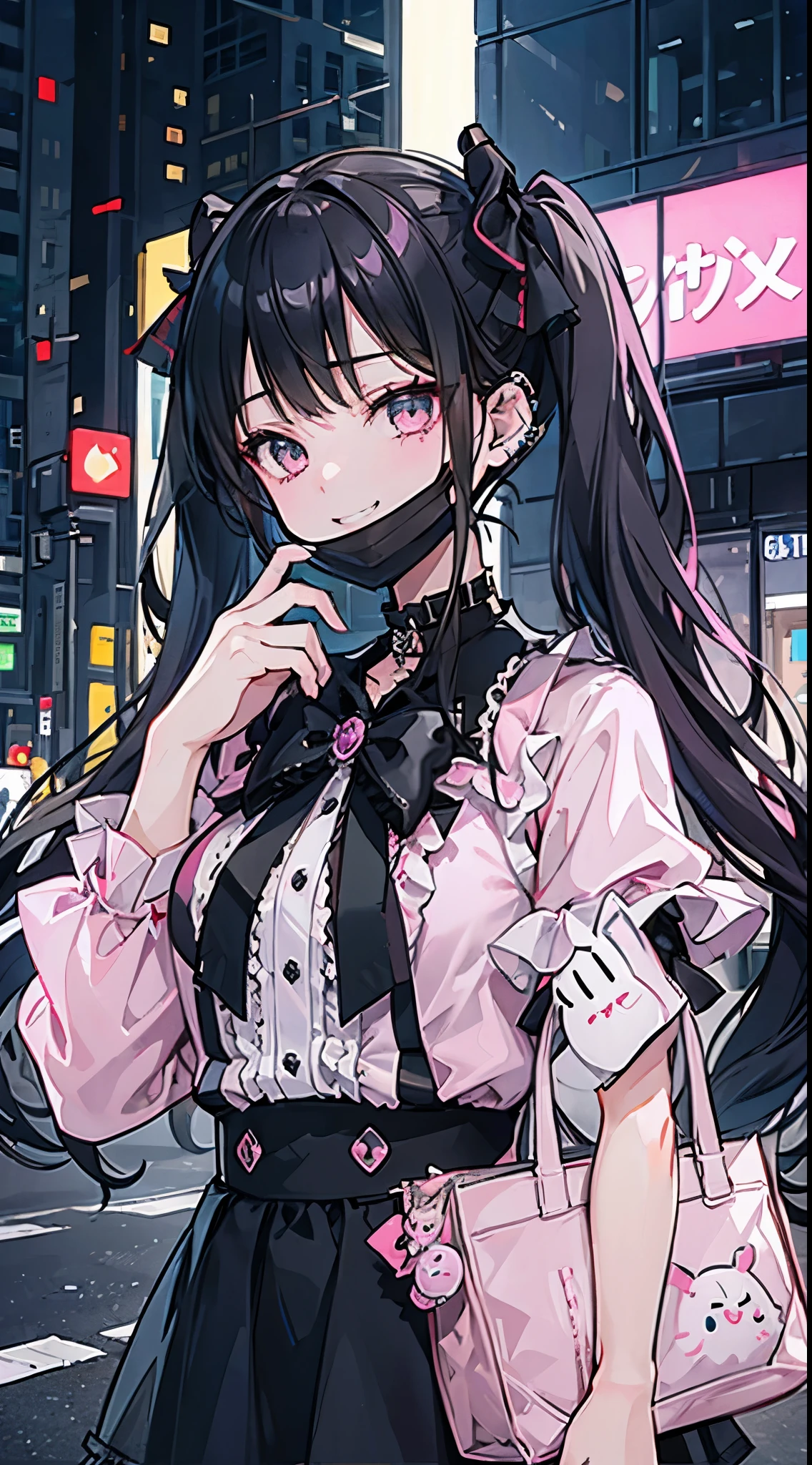 (8K、Top image quality、top-quality、​masterpiece)、A detailed face、1 girl in、Dark hair、((twintails))、Gray eyes、piercings、evil smile、smirk grin、mask_pull、Moderately breasts、((pink clothing))、frilld、a black ribbon、Black miniskirt、frilld、jirai kei attire、cowboy  shot、Downtown background at night