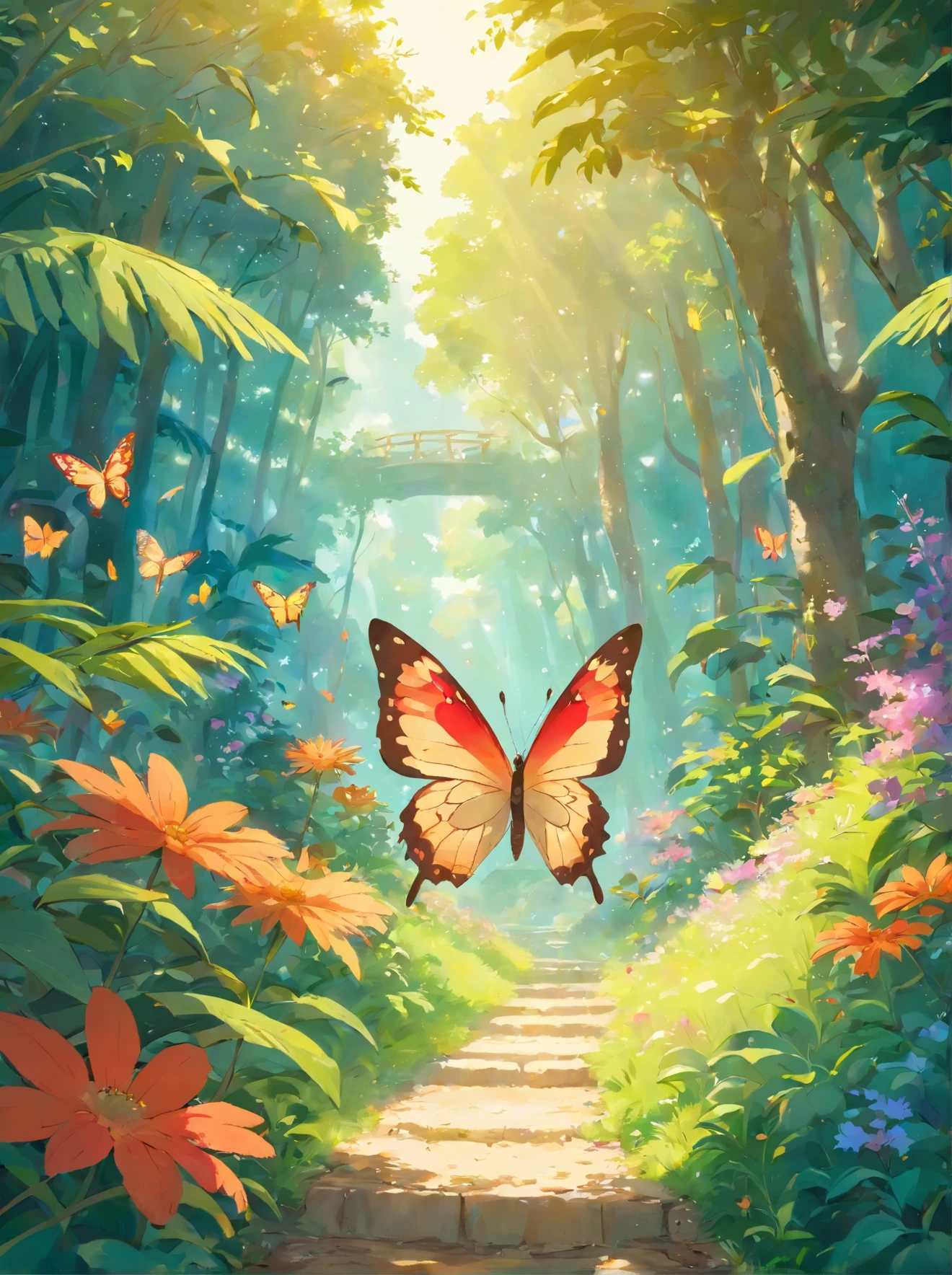 Exquisite colorful butterflies, butterflies in a sunny jungle, surrounded by colorful flowers. Warm sunlight, warm lights illuminate the scene, highlighting the delicate and beautiful wings of the butterfly. The jungle is lush and full of life, covered with tall Grass and flowering plants of various colors. The wings of a butterfly in flight are detailed and beautiful, with intricate patterns that reflect sunlight. The overall image quality is of the highest standard, with ultra-detailed and realistic textures. The colors are bright and harmonious, with soft tones combined with vibrant tones. The lighting creates a warm and inviting atmosphere, casting soft shadows on the ground and adding depth to the scene.