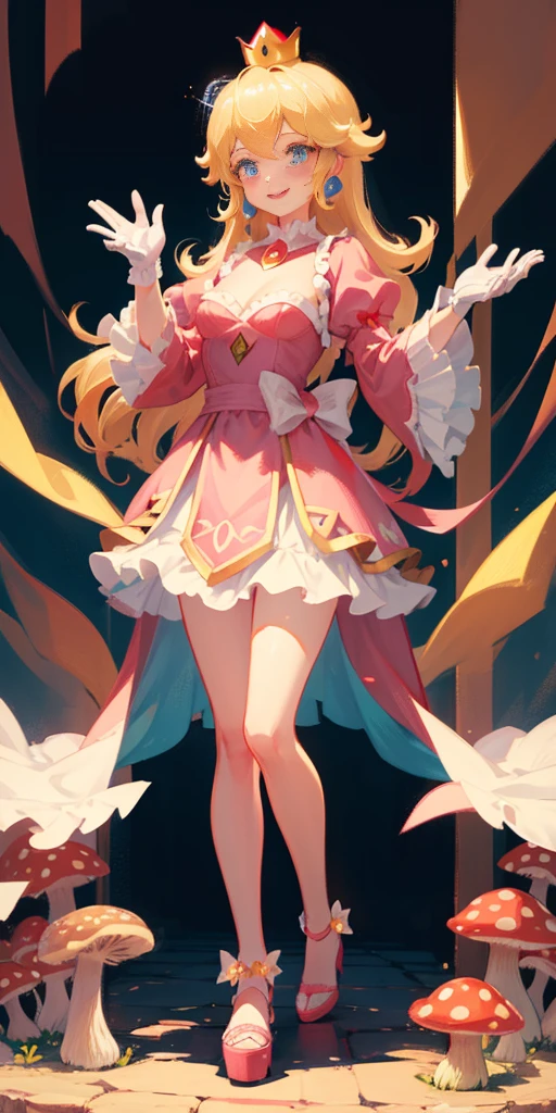(masterpiece, best quality:1.2), 1girl, solo, (flat color:1.1), (princess peach:1.1), from the mario franchise, pink and gold, long blonde hair, large breasts, pink dress with puffy sleeves, white gloves, pink high heels, blue eyes, gold crown, royal demeanor, standing in the mushroom kingdom, waving with a warm smile, hopeful and kind expression, ( background:0.3), (solid circle eyes:0.7)