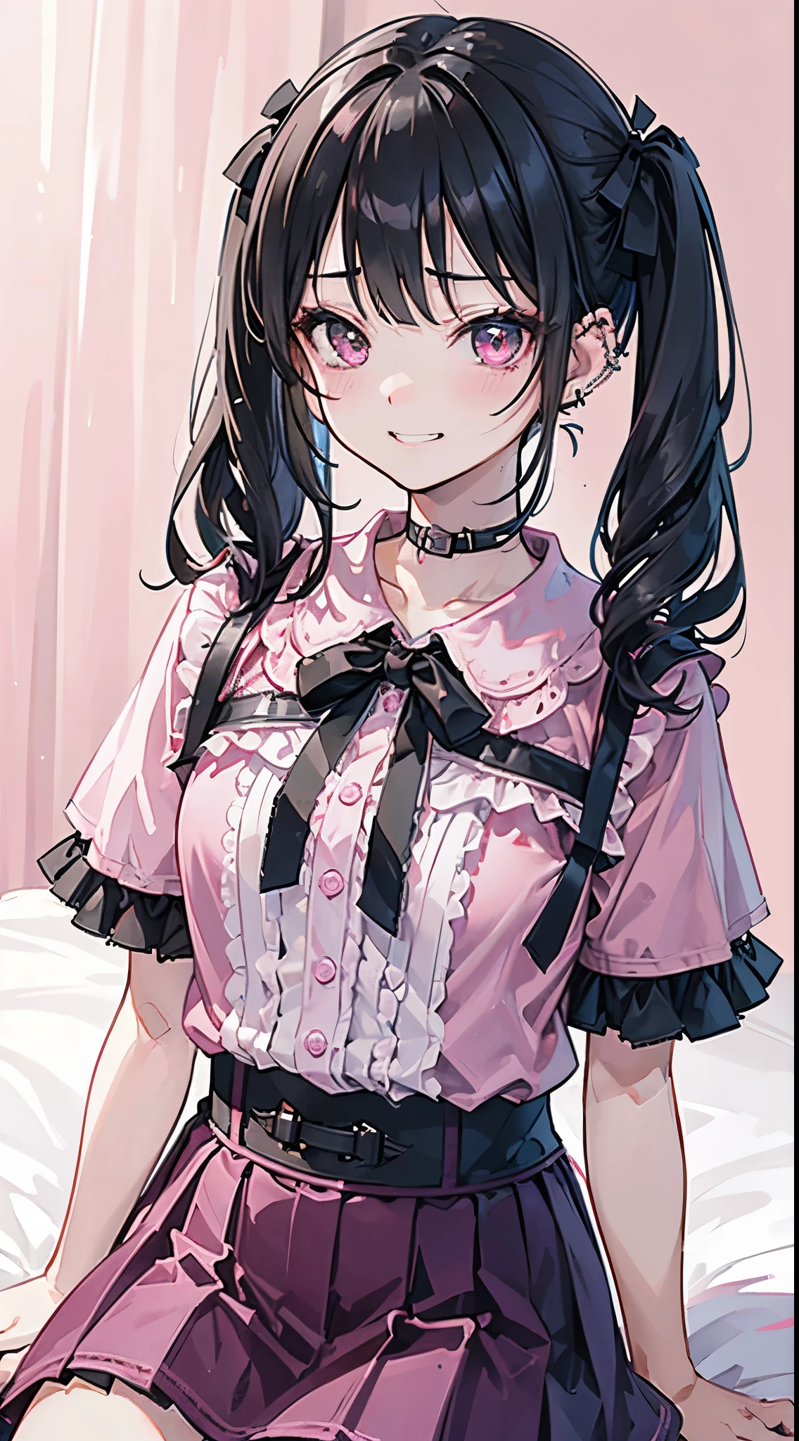 (8K、Top image quality、top-quality、​masterpiece)、A detailed face、1 girl in、Dark hair、((twintails))、blunt bangs、short-hair、waved hair、Gray eyes、piercings、evil smile、smirk grin、Moderately breasts、((pink clothing))、frilld、a black ribbon、Black miniskirt、frilld、jirai kei attire、cowboy  shot、sit on a bed、((Pink Room))、bedroom background