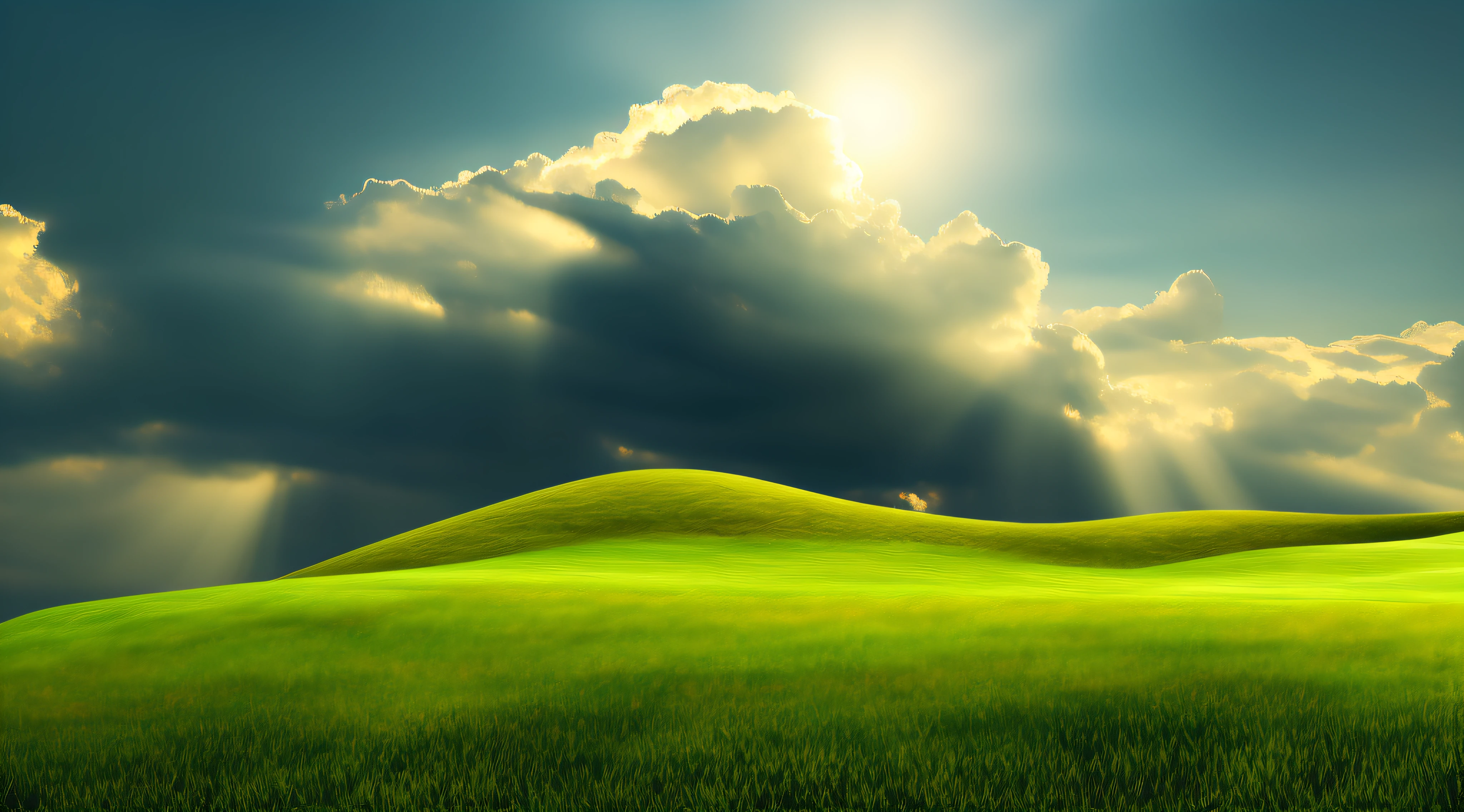 mountain with grass in low part, on top on mountain have cloud, Surrealism, modern, Realism, Verism, ray tracing, reflection light, cinematic lighting, god rays, backlighting, panorama, from outside, retina, high details, best quality, highres, award winning, super detail, ccurate