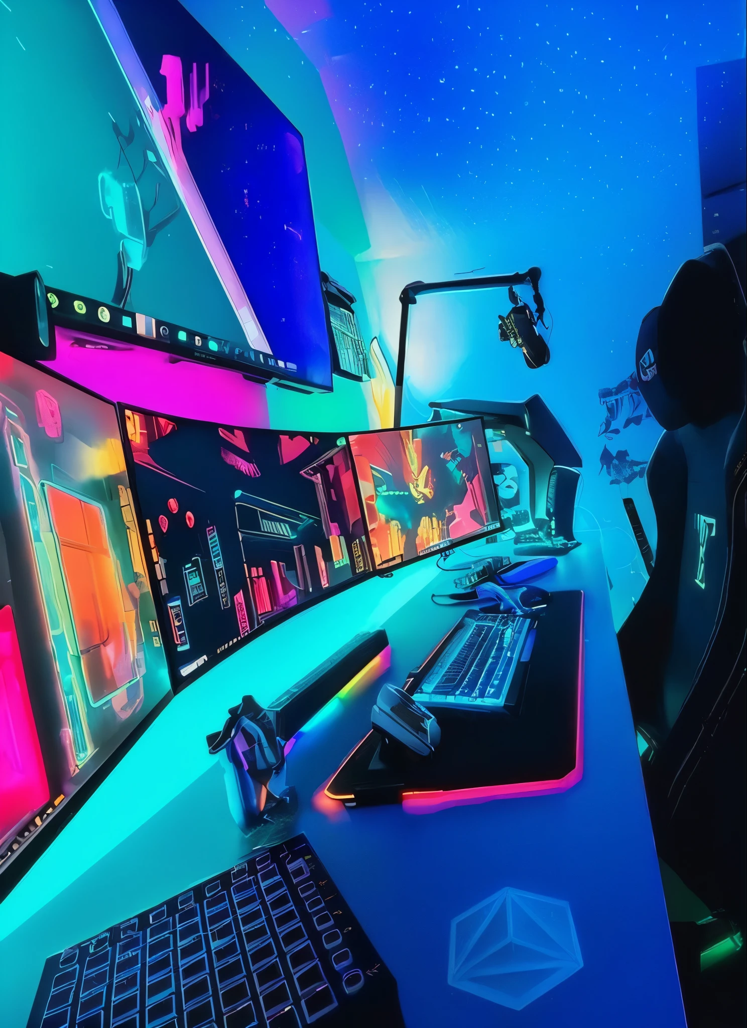 a close up of a computer desk with a keyboard and monitor, gamer aesthetic, cyberpunk setting, in a cyberpunk themed room, cyberpunk vibe, cyberpunk vibrant colors, blacklight aesthetic, futuristic but colorful shading, cyberpunk with neon lighting, gaming room in 2 0 4 0, gaming room, led gaming, dreamy colorful cyberpunk colors, cyberpunk aesthetic, neon aesthetic, cyber aesthetic