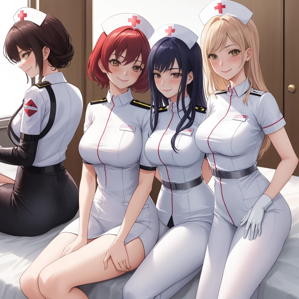 three women in white uniforms posing on a bed with white sheets, nurse girl, smooth white tight clothes suit, in white clothes, close - fitting nurse costume, perfect android girl family, an alien robot naughty nurse, hyperrealistic schoolgirl, a hyperrealistic schoolgirl, nurse, white uniform, nurse's leather suit, nursing, cgsociety inspired, amouranth, lustful smirking smile expression (red blush),