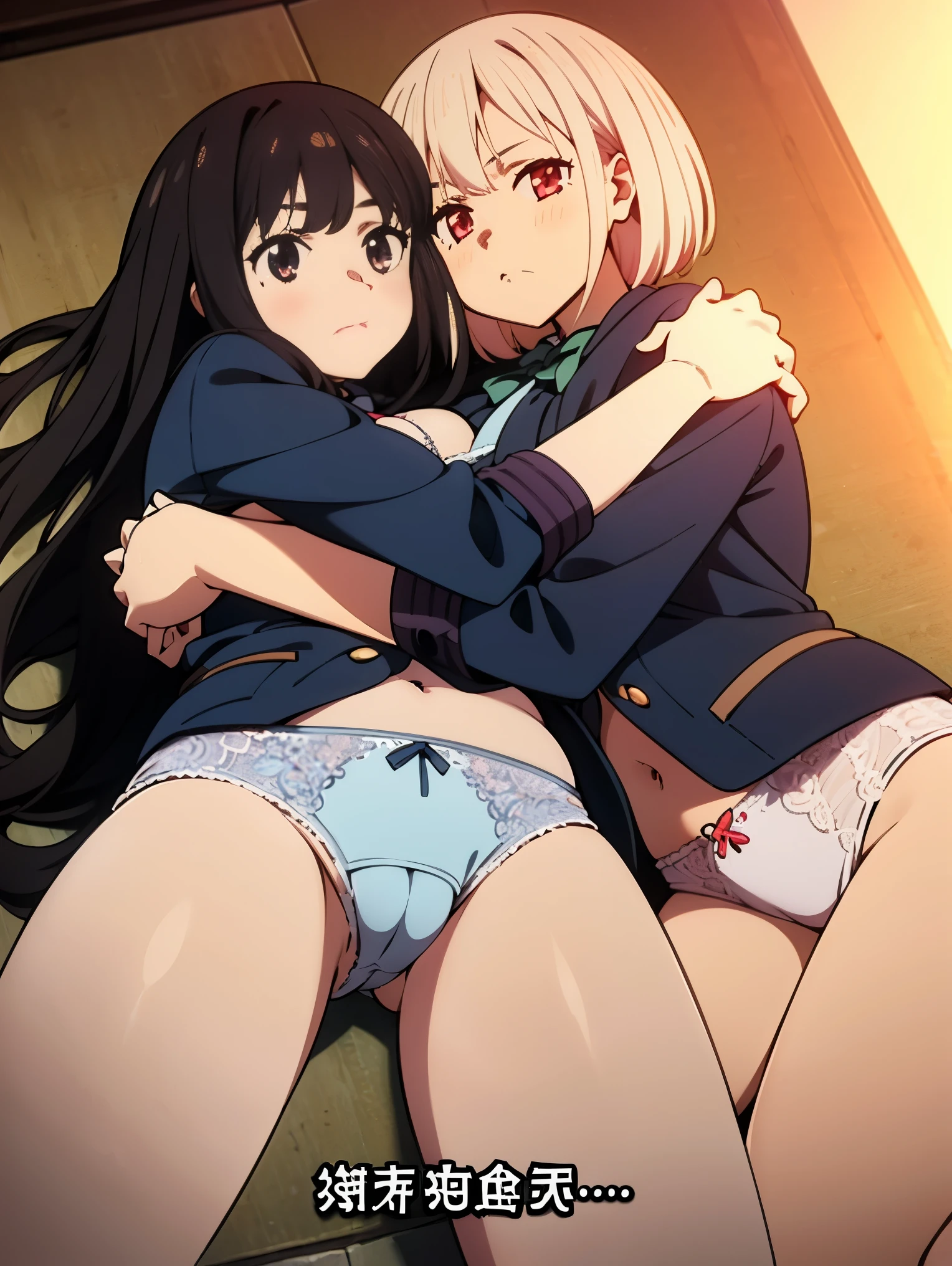 NSFW,(((2girls))),(masterpiece), (best quality),lycoris,Chisato+takina,,clothed,school uniform ,(((right girl is purple eyes,right girl is black long hair))), (((left girl is red eyes,left girl is blonde short hair))),Best proportions, ,Her thin legs are so cute.,Very beautiful long legs.,white thighhig,white lace panties,white lace bra, crotch grab,lying ,hug each other