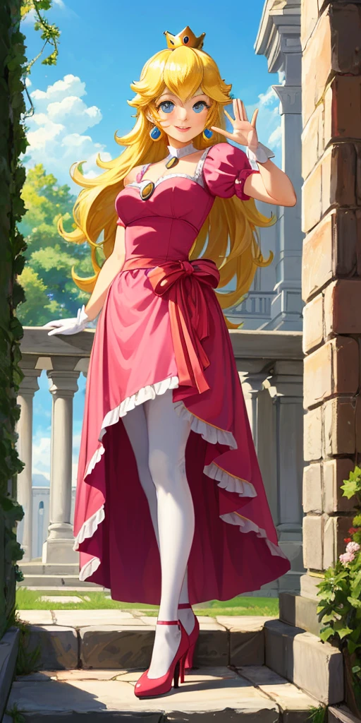 (masterpiece, best quality:1.2), 1girl, solo, (flat color:1.1), (princess peach:1.1), from the mario franchise, pink and gold, long blonde hair, large breasts, pink dress with puffy sleeves, white gloves, pink high heels, blue eyes, gold crown, royal demeanor, standing in the mushroom kingdom, waving with a warm smile, hopeful and kind expression, ( background:0.3), (solid circle eyes:0.7)