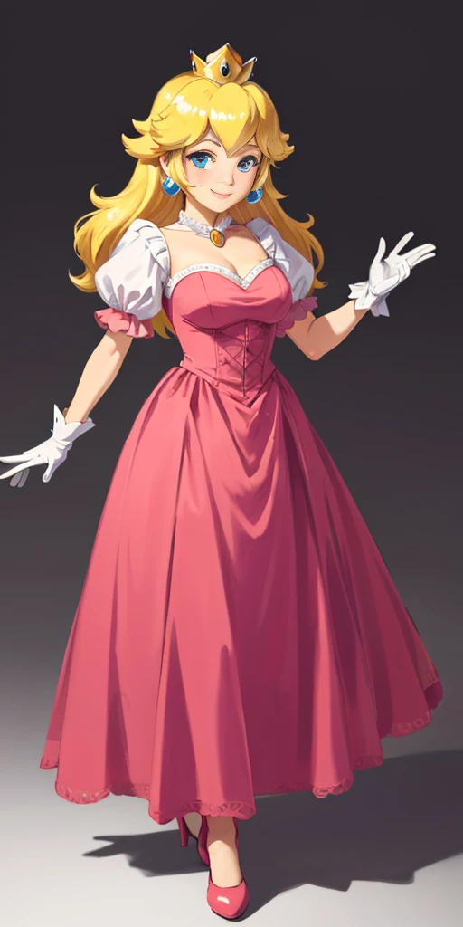 (masterpiece, best quality:1.2), 1girl, solo, (flat color:1.1), (princess peach:1.1), from the mario franchise, pink and gold, long blonde hair, large breasts, pink dress with puffy sleeves, white gloves, pink high heels, blue eyes, gold crown, royal demeanor, standing in the mushroom kingdom, waving with a warm smile, hopeful and kind expression, ( background:0.3), (solid circle eyes:0.7)