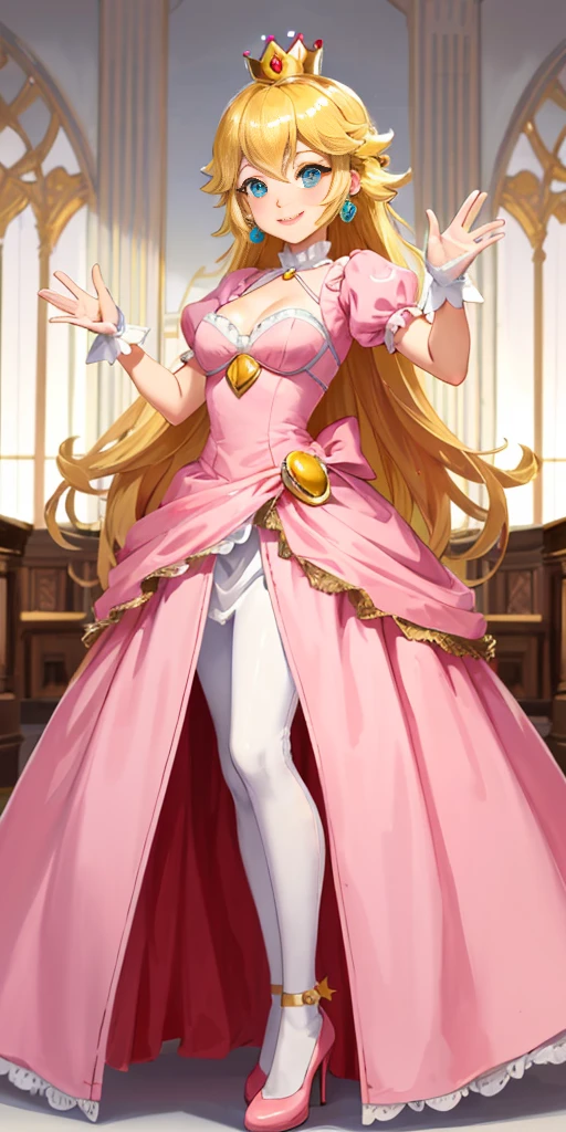 (masterpiece, best quality:1.2), 1girl, solo, (flat color:1.1), (princess peach:1.1), from the mario franchise, pink and gold, long blonde hair, large breasts, pink dress with puffy sleeves, white gloves, pink high heels, blue eyes, gold crown, royal demeanor, standing in the mushroom kingdom, waving with a warm smile, hopeful and kind expression, ( background:0.3), (solid circle eyes:0.7)