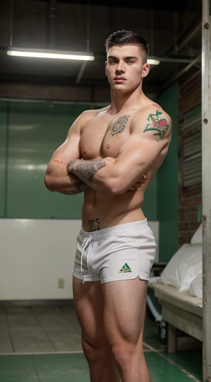 White young man lacrosse , 18 years old, low taper fade haircut, black hair, green eyes fixed, intense gaze, affiliated features, no facial hair, height 1.93, weight 90 kg, aesthetic muscular build, tattoos in the arm ,broad shoulders, V-shaped body, full body focus, completely hairless,