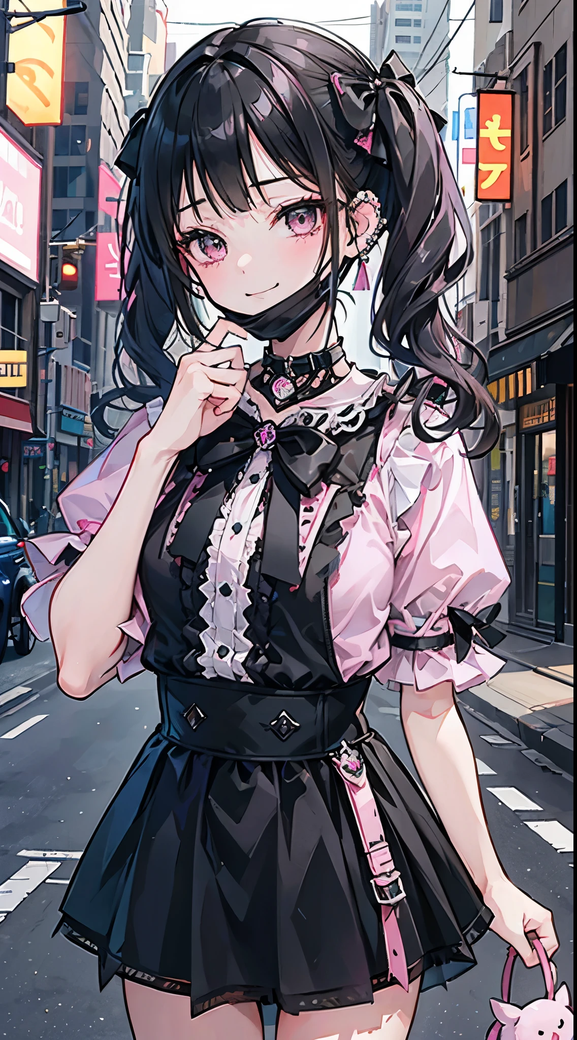 (8K、Top image quality、top-quality、​masterpiece)、A detailed face、1 girl in、Dark hair、((twintails))、blunt bangs、short-hair、waved hair、Gray eyes、piercings、evil smile、smirk grin、mask_pull、Moderately breasts、((pink clothing))、frilld、a black ribbon、Black miniskirt、frilld、jirai kei attire、cowboy  shot、Downtown background at night